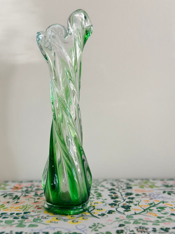 Green 1950s Art Glass Small Twist Vase - Vintage