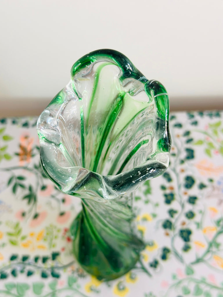 Green 1950s Art Glass Small Twist Vase - Vintage